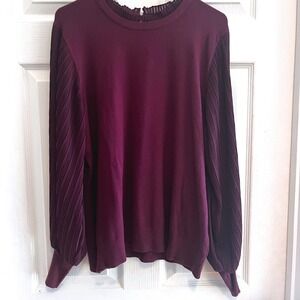 Plum Purple‎ Sweater with Pleated Bishop Sleeves Ruffle Mock Neck Size Medium